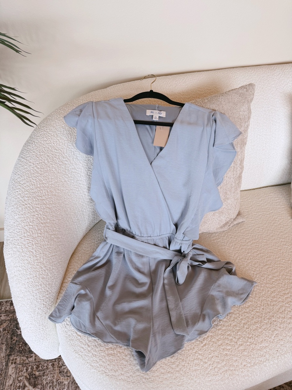 Babeless Blue Wrap Romper with Waist Tie